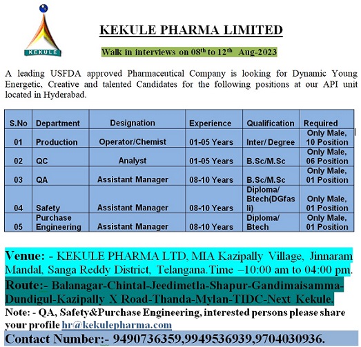 Kekule Pharma Limited-Walk-Ins from 8th to 12th August 2023