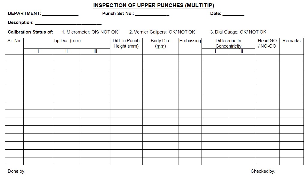 ANNEXURE – IV: Inspection of Upper Punches (Multitip)
