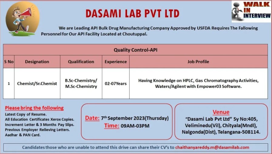 Dasami Lab Pvt. Ltd – Walk-In Interviews for Quality Control on 7th Sep’ 2023