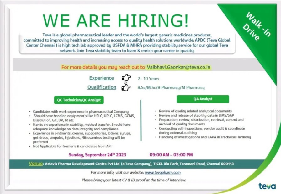 Teva Pharma – Walk-In Interview on 24th September 2023 for Multiple Positions in QC / QA 1 Teva Pharma – Walk-In Interview Job Description