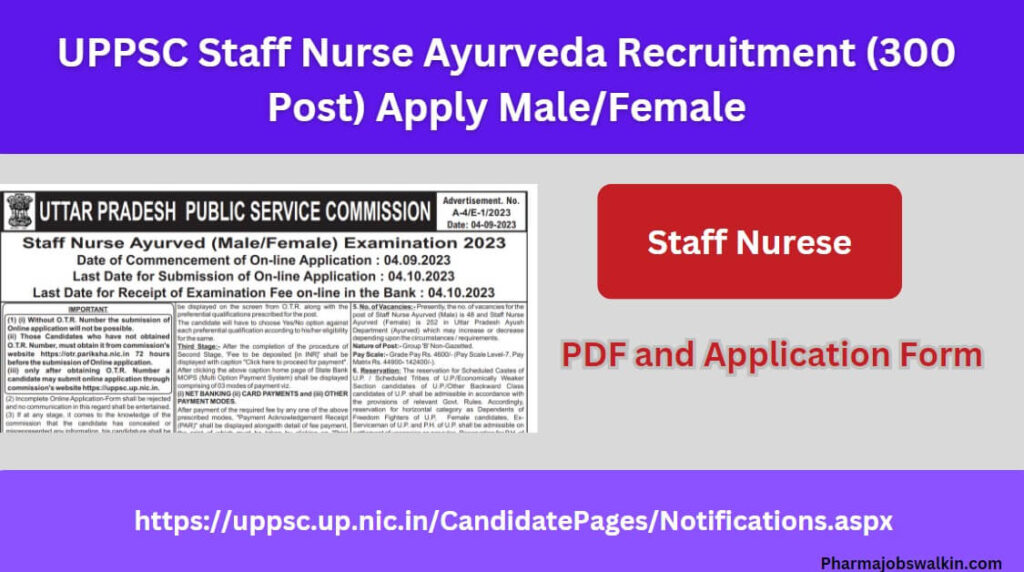 UPPSC Staff Nurse Ayurveda Recruitment 2023 (300 Post) Apply Male/Female