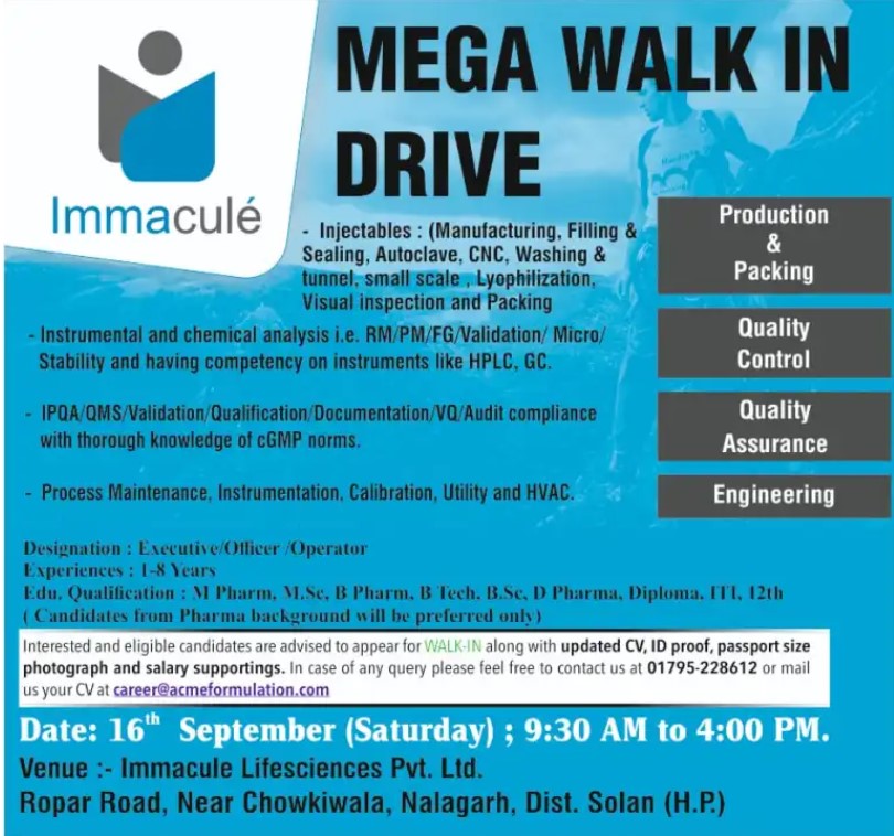 Immacule Life Sciences – Mega Walk-In Interviews on 16th September 2023