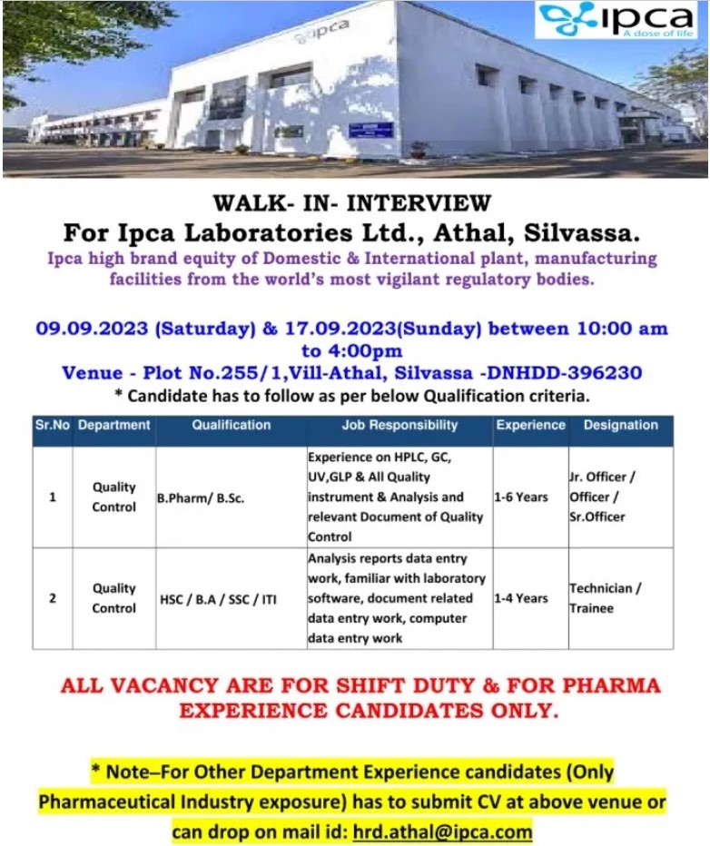 IPCA Laboratories – Walk-In Interviews on 9th & 17th September 2023