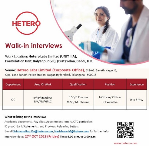 Hetero Walk-in Interview at Baddi