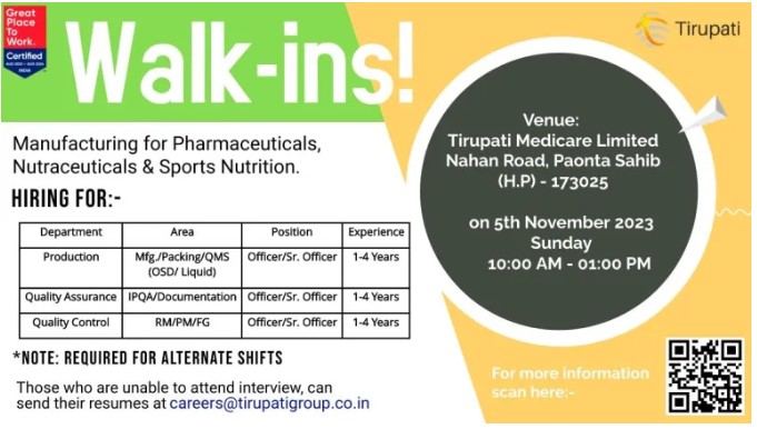 Tirupati Medicare Ltd - Walk-In Interviews