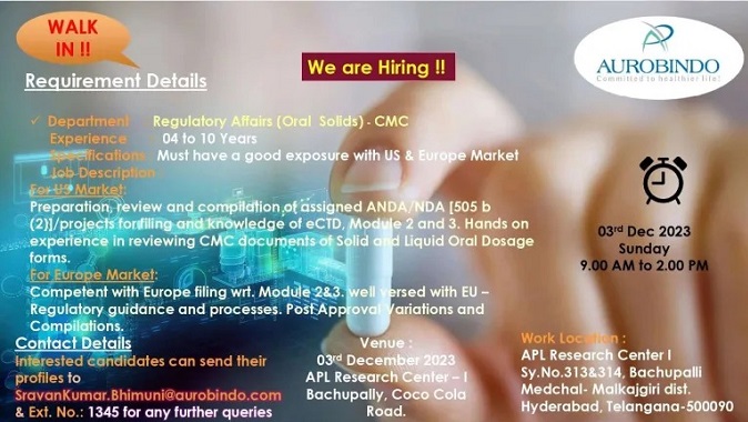 Aurobindo Pharma Walk-In Interviews for Regulatory Affairs (Oral Solids)- CMC On 3rd December 2023