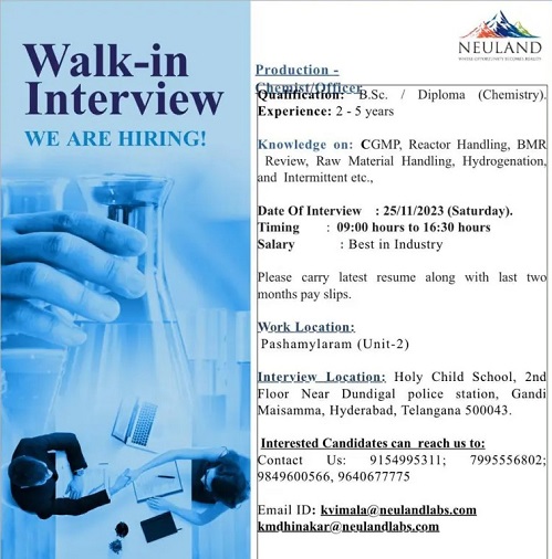 Neuland Laboratories Pvt. Ltd-Walk-In Drive for Production On 25th November 2023