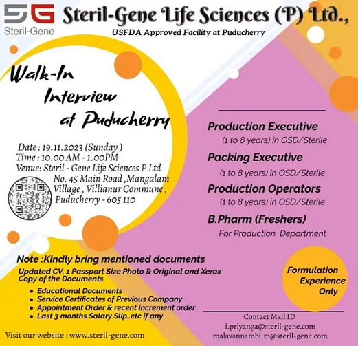 Steril-Gene Life Sciences-Walk-In Interview for Production Packing for Freshers On 19th November 2023 1 Steril-Gene Life Sciences-Walk-In Interview for Production/ Packing/ B.Pharm Freshers On 19th November 2023