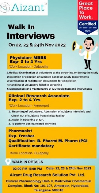 Aizant Drug Research Solutions Pvt. Ltd Walk-In Interviews For Freshers ...