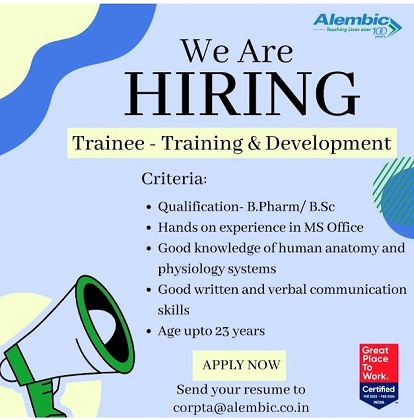 Alembic Pharmaceuticals Ltd Hiring Trainee- Training & Development -Apply Now