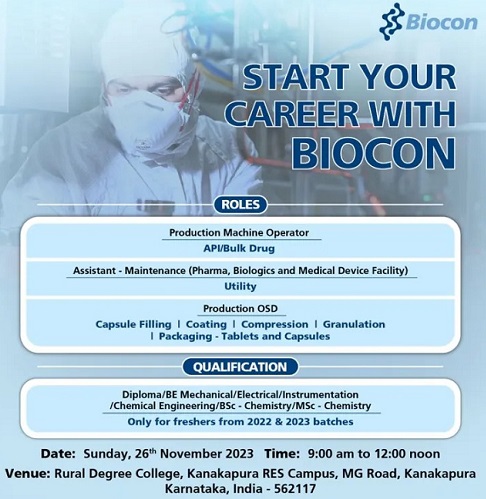 Biocon Walk-In Drive for Freshers in Production On 26th November 2023
