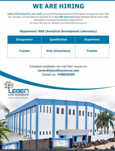 Leben Life Science Pvt. Ltd-Openings for Freshers in R&D ( Analytical Development Laboratory)- Apply Now