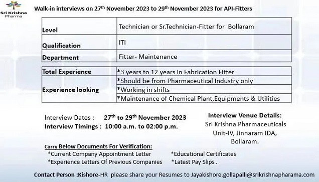 Sri Krishna Pharmaceuticals Ltd Walk-In Interviews for Fitter -Maintenance On 27th & 29th November 2023