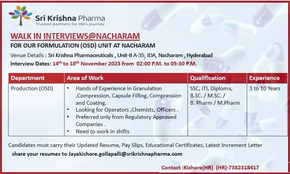 Sri Krishna Pharmaceuticals Ltd-Walk-In Interviews for Experienced from 15th to 18th November 2023