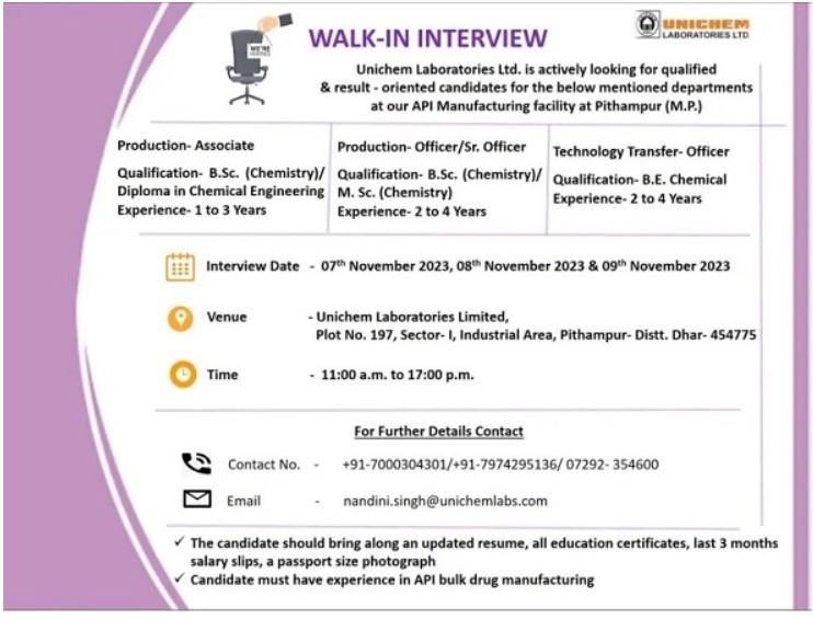 Unichem Laboratories-Walk-In Interviews