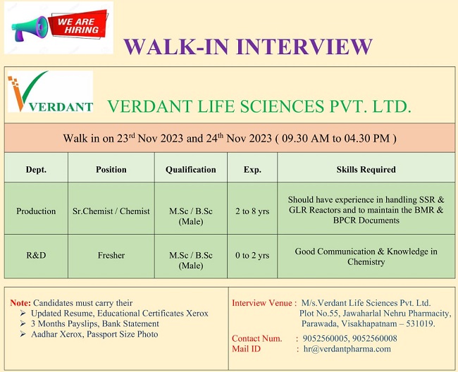 Verdant Life Sciences Pvt. Ltd Walk-In Interview for Freshers & Experienced On 23rd & 24th November 2023