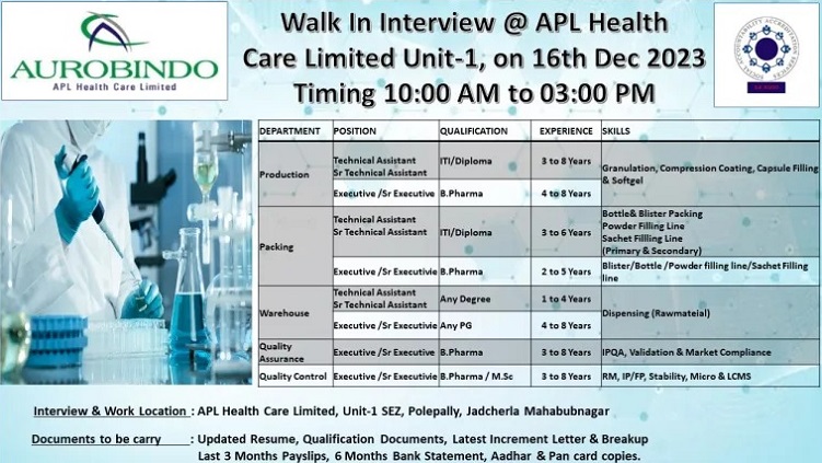 APL Health Care (Aurobindo )-Walk-In Interviews
