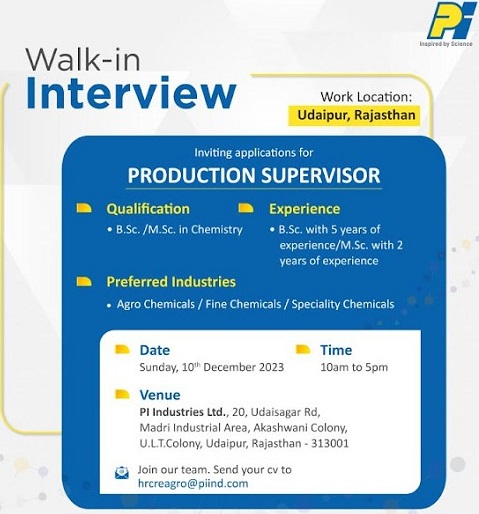 PI Industries Ltd- Walk-In Interview for Production Supervisors On 10th Dec’ 2023