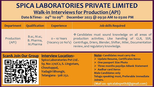 Spica Laboratories Walk-In Interview for Production On 4th to 9th December 2023