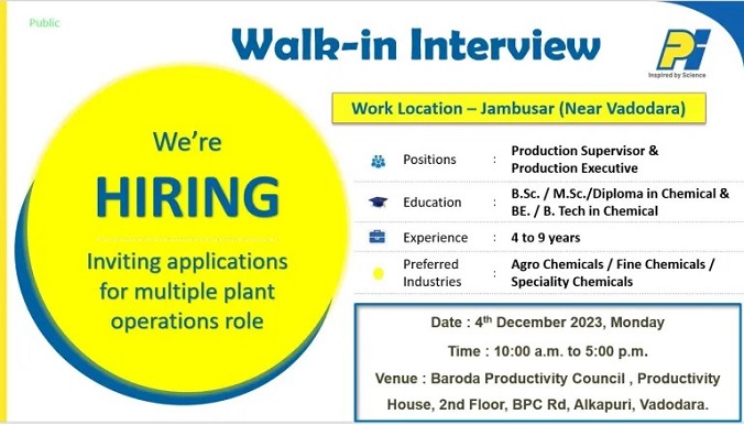 PI Industries Ltd Walk-In Interview for Production Supervisor & Production Executive On 4th December 2023