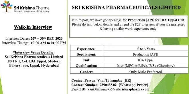 Sri Krishna Pharmaceuticals Walk In Interview