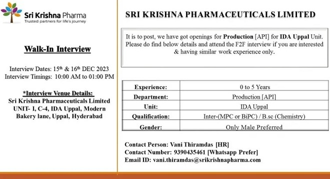 Sri Krishna Pharmaceuticals Walk-In Interviews