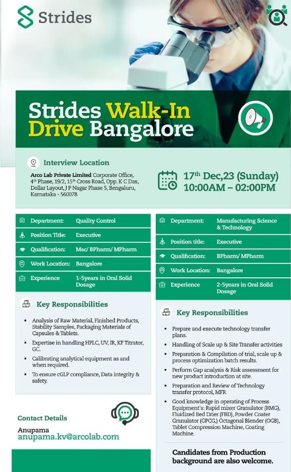 Strides Pharma Walk-In Drive for various Department on 17th December 2023 @ Chennai & Bangalore