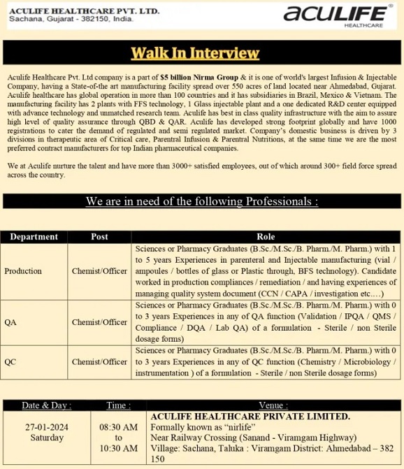 Aculife Healthcare Walk-In Interview