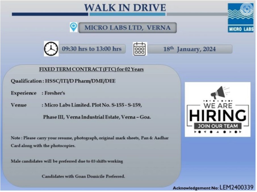Micro Lab Goa Walkin Interview For Fresher On 18th January 2024