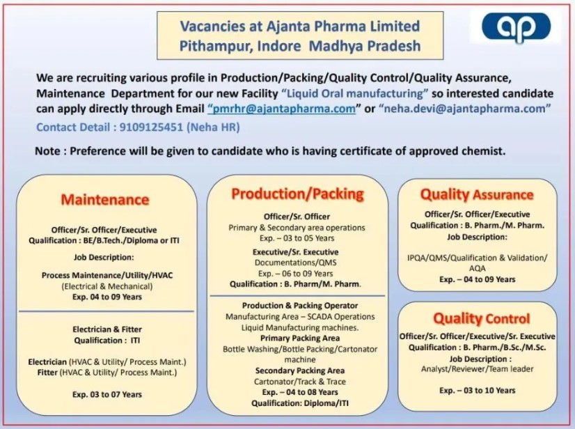 Ajanta Pharma Opportunity in Production, Packing, QA, QC, Maintenance, and Operators – Apply Now