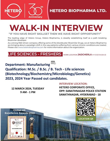 Hetero Walk-in interview at Hyderabad for manufacturing Department on 12th March 2024