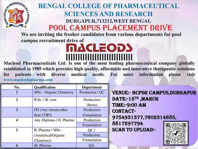Macleods Pharmaceuticals Walk-In Interviews: BCPSR Campus, Durgapur on 15th March 2024