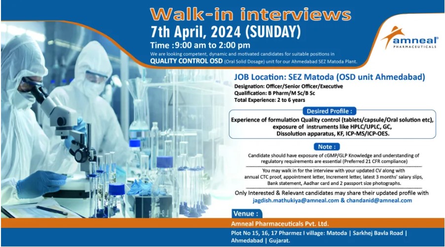 Amneal Pharma Walk-In Interviews on 7th April 2024