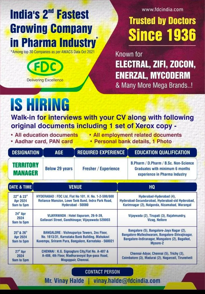 FDC Limited Interview from 22nd to 27th April 2024