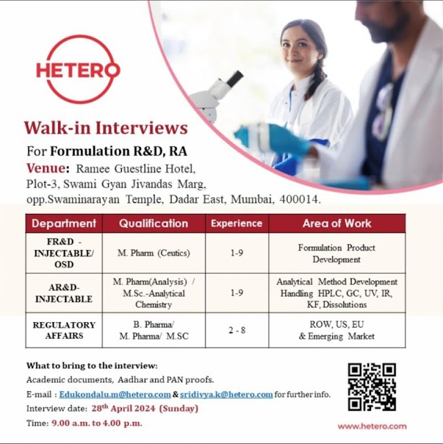 Hetero Labs Interview notification, along with, Position, required qualification, Experience venue and date as on 28th april 2024
