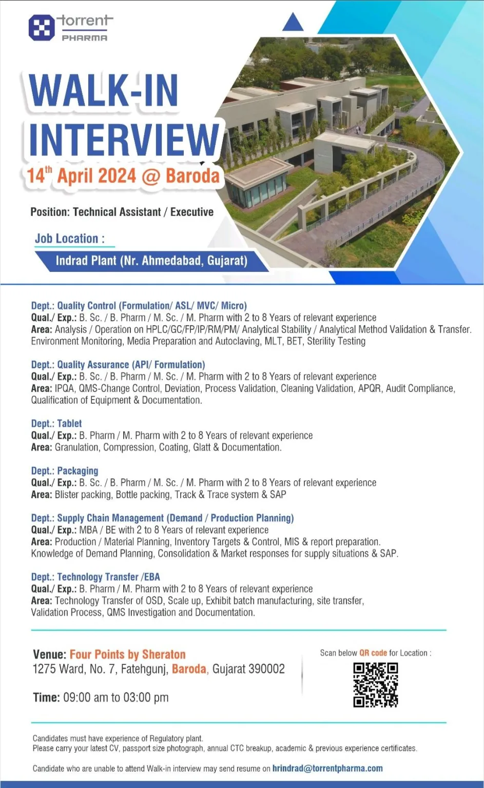 Torrent Pharmaceuticals Walk-In Interviews on 14th April 2024