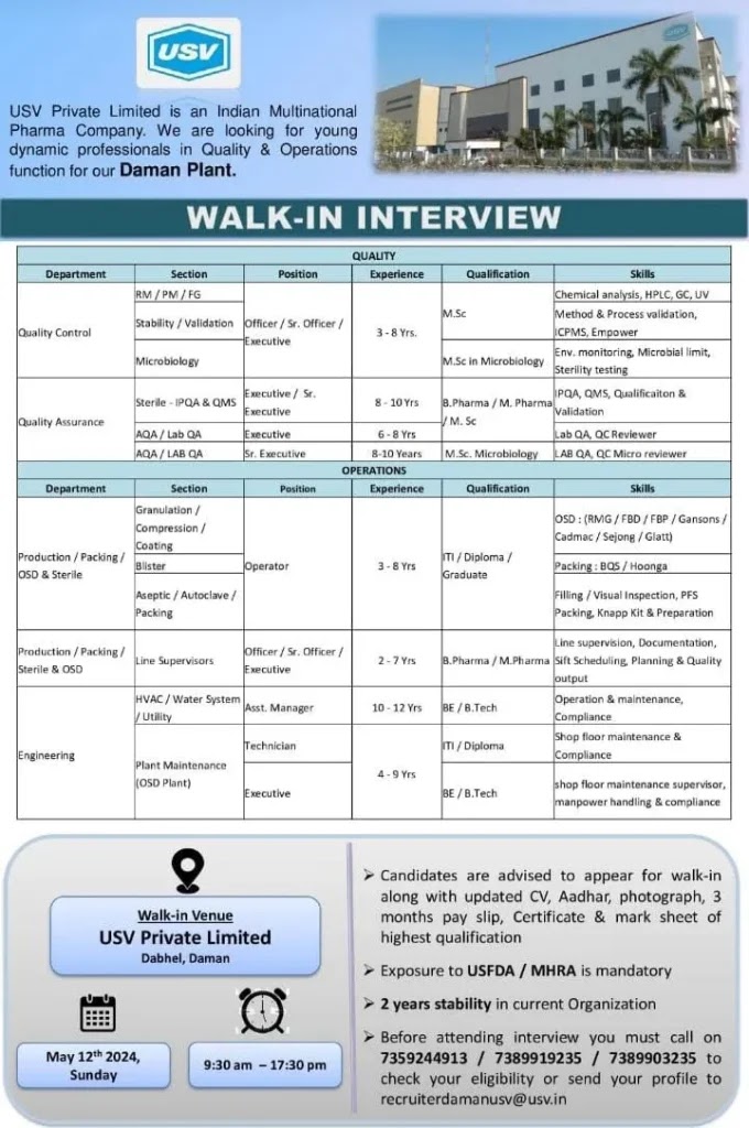 USV Limited Walk-in Interview for experienced in Various Departments On 12th May 2024