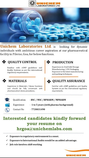 Unichem Laboratories Walk-In Interview for Production/ Quality Control/ Quality Assurance