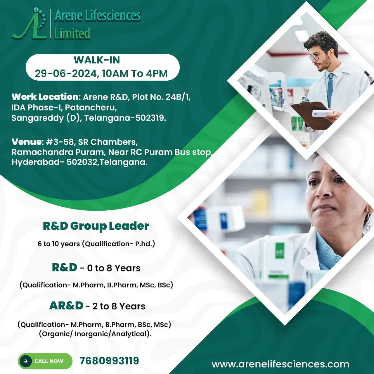 Walk-In Interview at Arene Lifesciences Limited on 29th June 2024