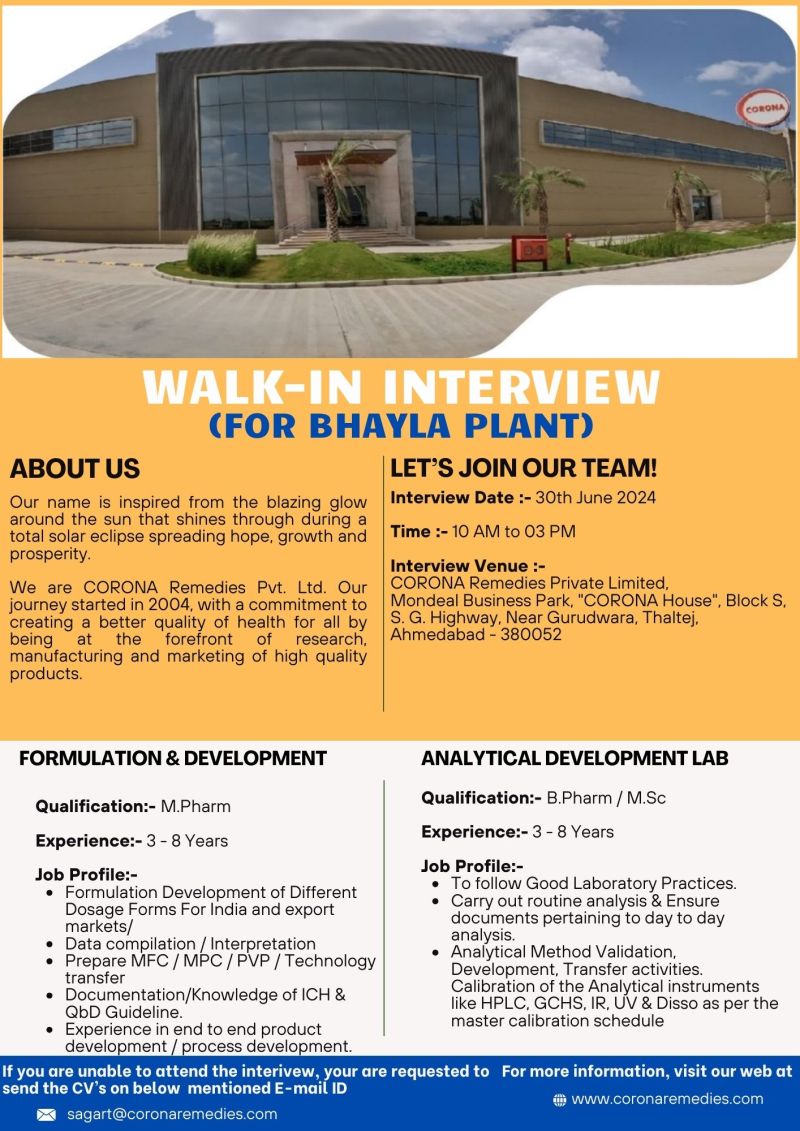 Walk-in Interview at CORONA Remedies Pvt. Ltd. (For Bhayla Plant)