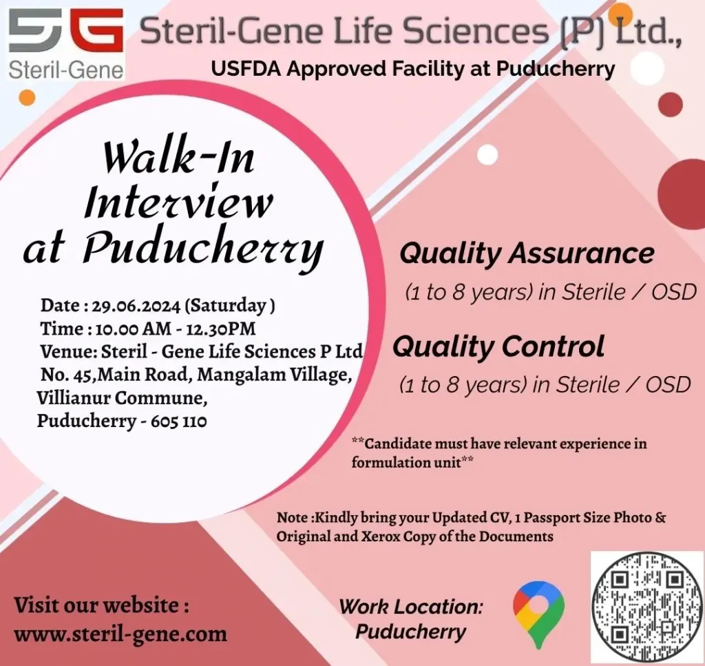 Steril-Gene Life Sciences Walk-In Interview for QA/QC On 29th June 2024