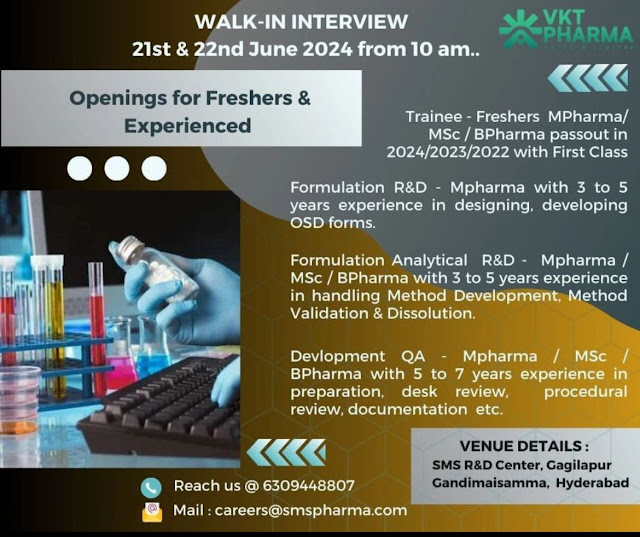 VKT Pharma Walk-In Interview For Fresher & Experienced on 21st & 22nd June 2024